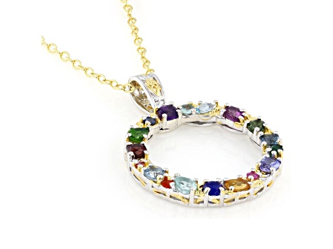 Multi Gemstone Rhodium & 24k Yellow Gold Over Palladium Sterling Silver Pendant W/ Chain 1.96ctw