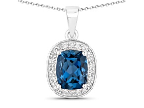 Cushion Cut London Blue Topaz and Lab Grown Diamond Sterling Silver Pendant with Chain 2.23ctw