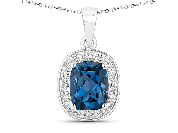 Cushion Cut London Blue Topaz and Lab Grown Diamond Sterling Silver Pendant with Chain 2.23ctw