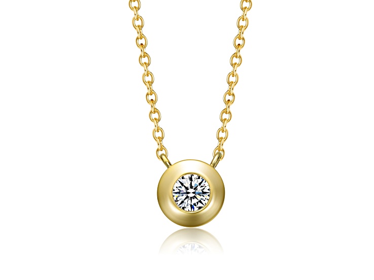 Clear Round Cubic Zirconia TCW 0.23, 14K Gold Plated over Sterling Silver Bezel Solitaire Necklace