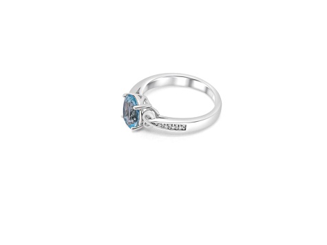 9x7mm Oval Aquamarine and White CZ Rhoidum Over Sterling Silver Ring, 1.53ctw