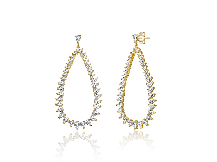 Clear Cubic Zirconia, 14k Gold Plated over Brass Raindrop Front-Facing Hoop Earrings