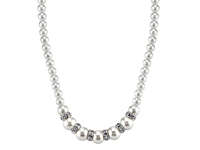 1928 Jewelry Silver Tone Base Metal White Graduated Simulated Pearl and Crystal Necklace