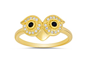 Black And White Cubic Zirconia 14k Yellow Gold Over Sterling Silver Owl Ring 0.19ctw