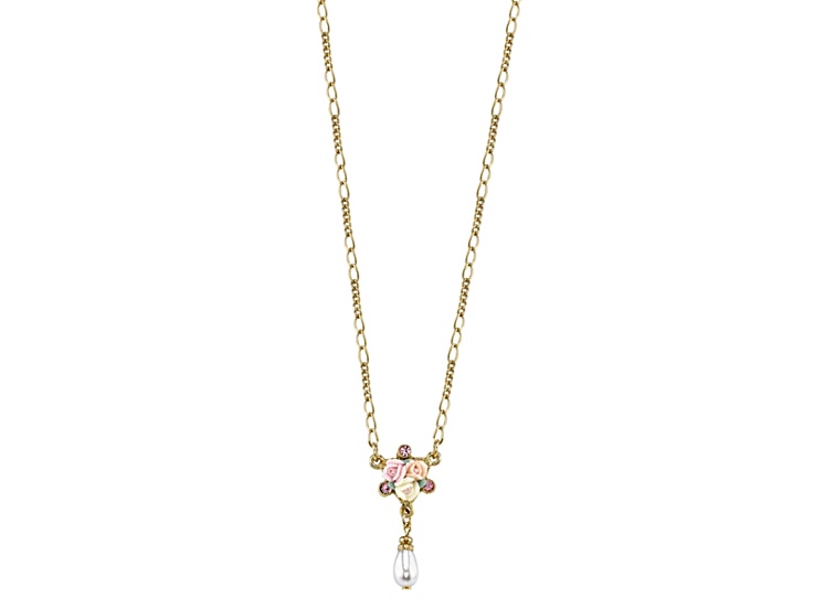 1928 Jewelry Gold-Tone Brass Crystal Pink Porcelain Rose Simulated Pearl Pendant With Chain 16 Inch