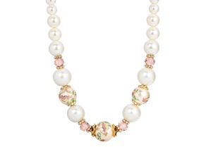 1928 Jewelry Gold Tone Base Metal Flower Decal and White Simulated Pearl Graduated Necklace 16"Adj.