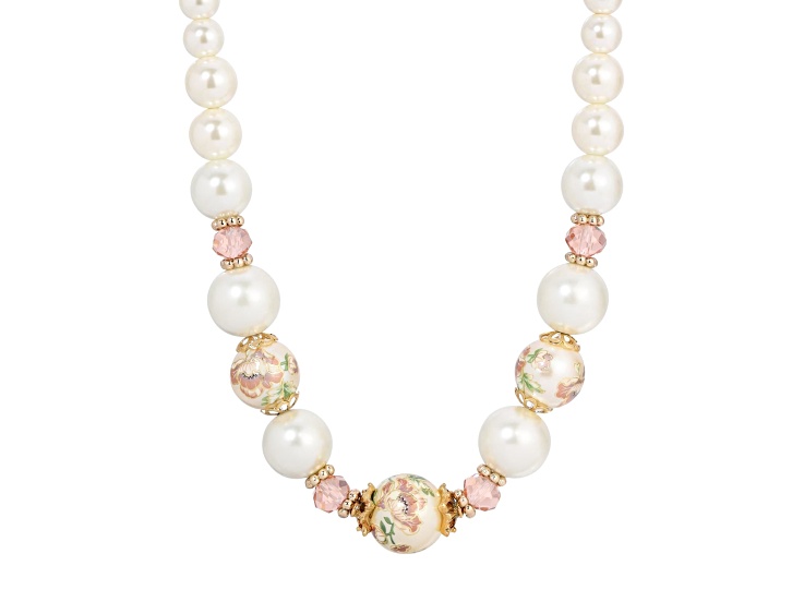 1928 Jewelry Gold Tone Base Metal Flower Decal and White Simulated Pearl Graduated Necklace 16"Adj.