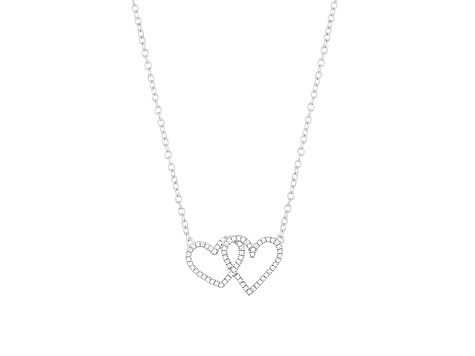 White Diamond Rhodium Over Sterling Silver Two Hearts Pendant Necklace 0.10ctw