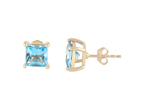 Swiss Blue Topaz Square 14K Yellow Gold Stud Earrings, 2ctw