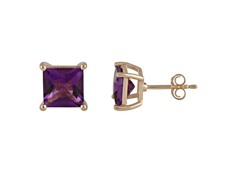 African Amethyst Square 14K Yellow Gold Stud Earrings, 2ctw