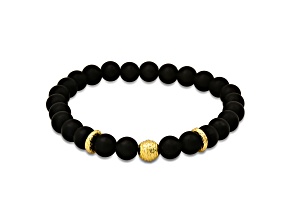Men's Black Lava and 14K Yellow Gold Over Sterling Silver Beaded Stretch Bracelet