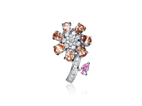 Champagne And Pink Cubic Zirconia, Rhodium Plated over Sterling Silver Flower Pin