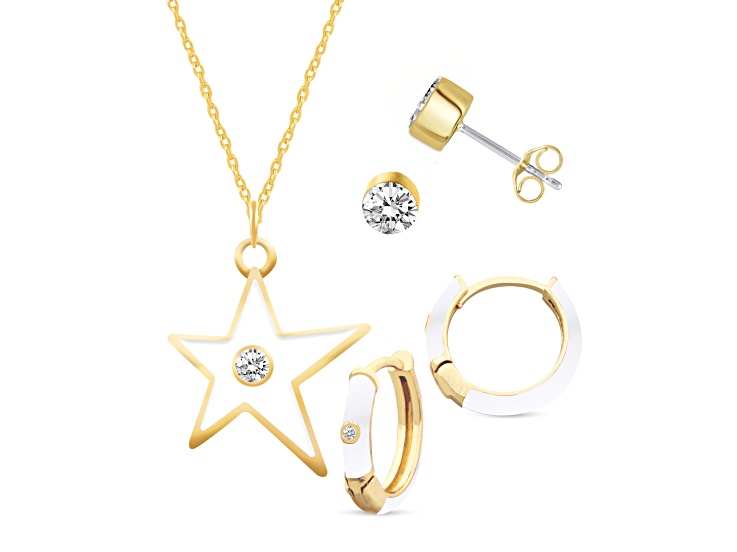 White Crystal and White Enamel Brass Jewelry Set- Huggies, Studs, Pendant w/17 Inch Chain+ 2 in Ext