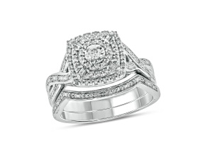 Cushion and Round Diamond Sterling Silver Twist Shank Bridal Ring Set 0.25ctw