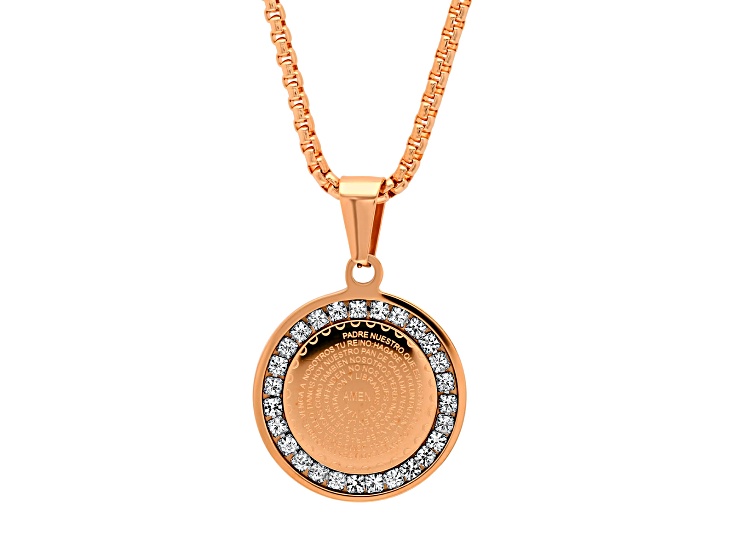 Ladies 18K Rose Gold Over Stainless Steel Cubic Zirconia Padre Nuestro Prayer Pendant With Chain