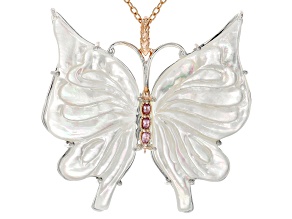 White Mother of Pearl and Pink Spinel Rhod/18k Gold Over Palladium Silver Pendant W/ Chain 0.12ctw