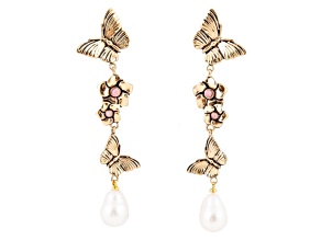 Barse Jewelry Freshwater Pearl With Rhodonite Gold Tone Butterfly Dangle Earrings