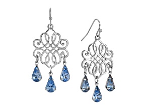 Silver Tone Filigree Blue Crystals Drop Earrings