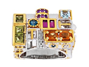 Multi Gemstone Rhodium & 24K Yellow Gold Over Palladium Sterling Silver SoHo Stack Ring 2.36ctw