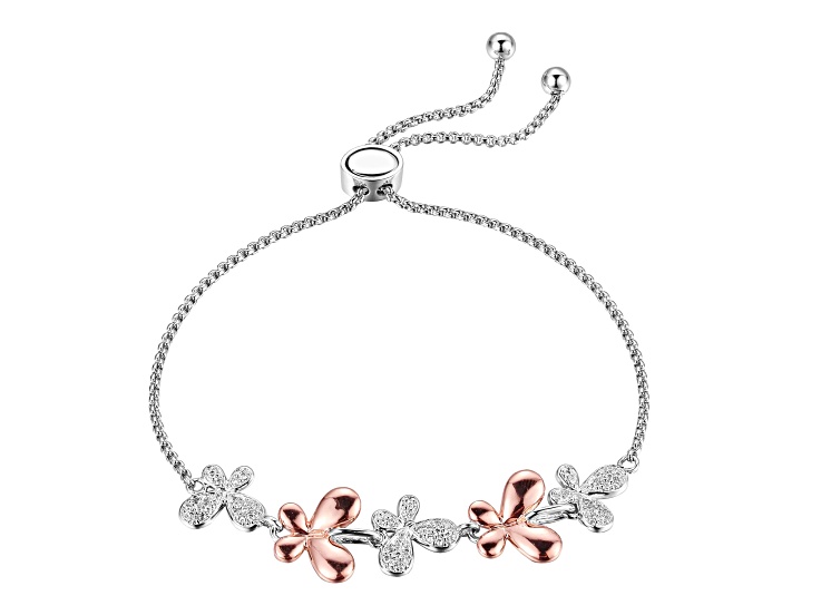 White Cubic Zirconia Two-Tone Brass Butterfly Bolo Bracelet 0.51ctw