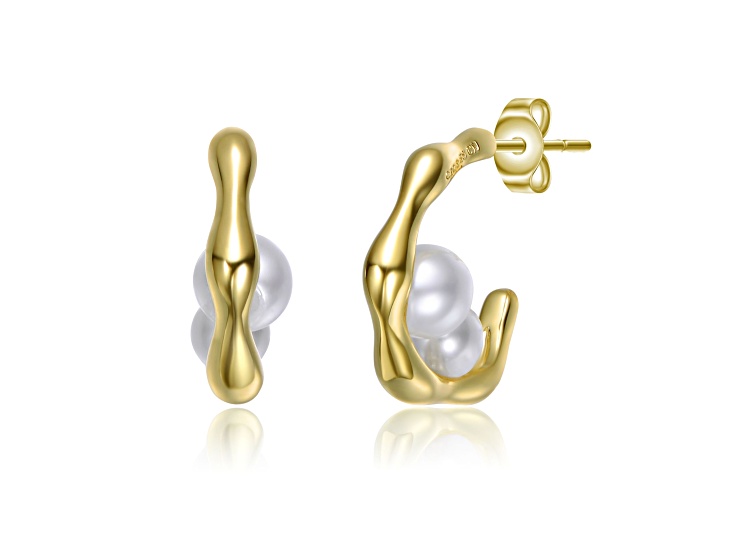 White Pearl, 14K Gold Plated over Brass with Curved Design Huggie Earrings