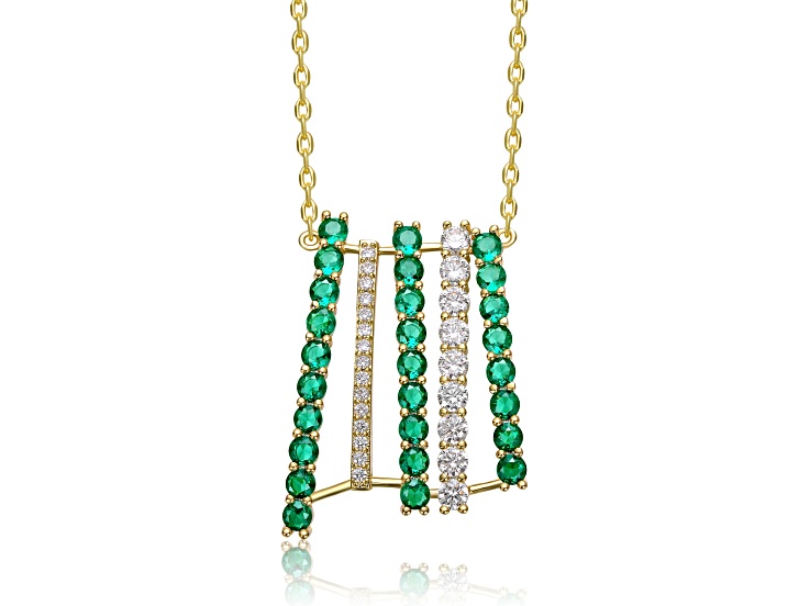 Clear & Emerald Green Cubic Zirconia, 14K Gold Plated over Brass Bar Pendant Necklace