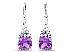 Purple Amethyst and Tanzanite Rhodium Over Sterling Silver Cushion Dangle Earrings