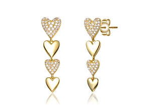 Clear Cubic Zirconia, 14K Gold Plated over Sterling Silver Double Stampato Heart Dangle Earrings