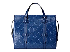 GUCCI GG Motif Tennis Embossed Top Handle Medium Tote Bag Blue