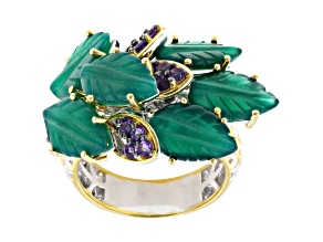 Green Agate and Amethyst Rhodium & 24K Gold Over Palladium Sterling Silver Ring 0.59ctw
