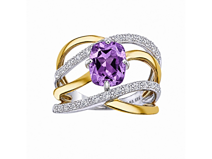 Cushion Amethyst 14K Yellow Gold Sterling Silver Multi-Strand Interwoven Ring 2.42 Cttw