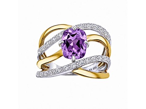 Cushion Amethyst 14K Yellow Gold Sterling Silver Multi-Strand Interwoven Ring 2.42 Cttw