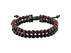 Ion-Plated Black Stainless Steel and Onyx and Red Tiger Eye Bead Bolo Bracelet