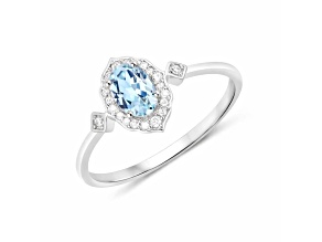 Blue Aquamarine and White Diamond 14K White Gold Halo Ring