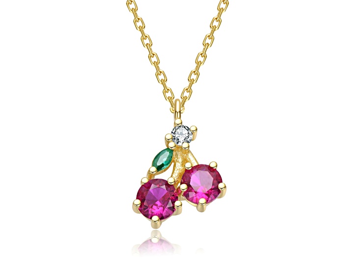 Pink & Emerald Green Cubic Zirconia, 14K Gold Plated Pendant Necklace for Teens