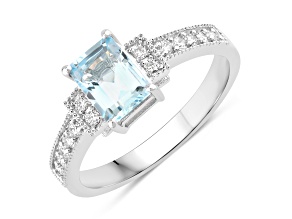 Aquamarine and Lab Grown Diamond Rhodium Over Sterling Silver Bridge Ring 0.98ctw