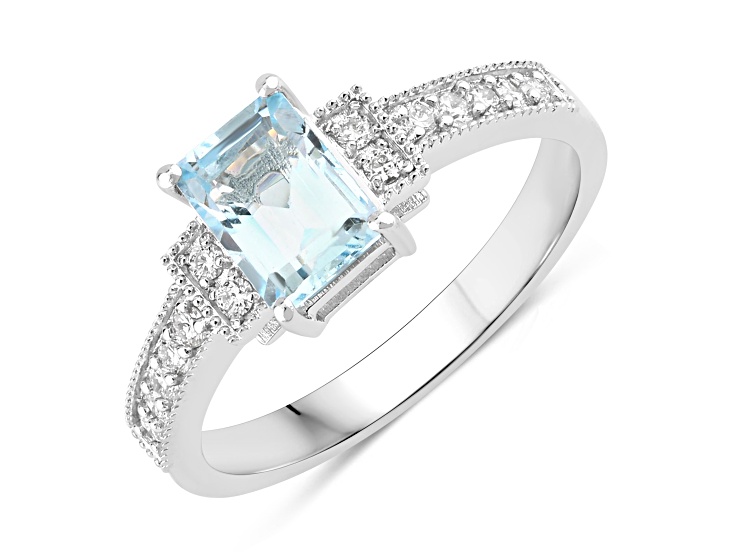 Aquamarine and Lab Grown Diamond Rhodium Over Sterling Silver Bridge Ring 0.98ctw