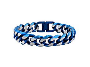 Ion-Plated White and Blue Stainless Steel Beveled Curb Bracelet