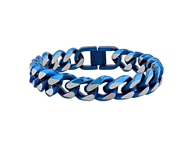 Ion-Plated White and Blue Stainless Steel Beveled Curb Bracelet