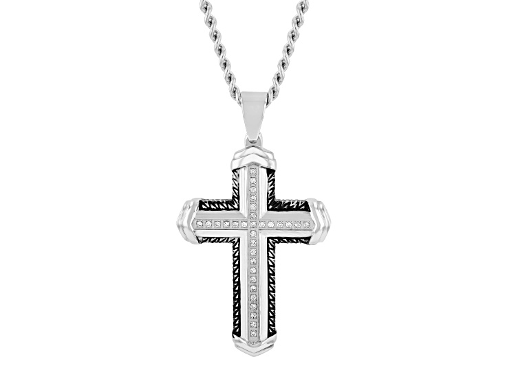 Two-tone Ion-Plated Stainless Steel and Diamond Cross Pendant With Chain 0.25ctw