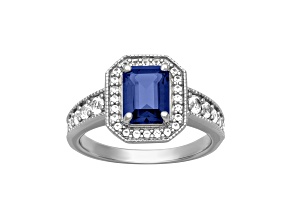 Emerald-Cut Lab Created Blue and White Sapphire Sterling Silver Halo Engagement Ring 2.50ctw