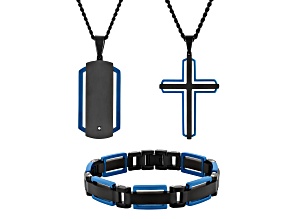 Diamond Accent Two-Tone Stainless Steel Dog Tag, Cross Pendant, & Bracelet Set