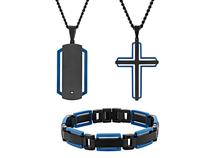 Diamond Accent Two-Tone Stainless Steel Dog Tag, Cross Pendant, & Bracelet Set