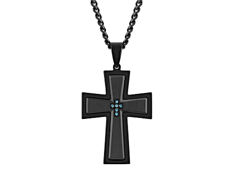 Black Ion-Plated Stainles Steel and Blue Diamond Cross Pendant With Chain 1/20ctw
