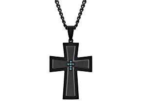 Black Ion-Plated Stainles Steel and Blue Diamond Cross Pendant With Chain 1/20ctw