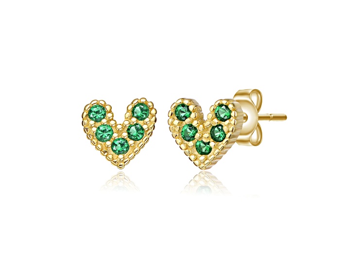 Emerald Green Cubic Zirconia, 14K Gold Plated over Brass Heart Stud Earrings for Kids