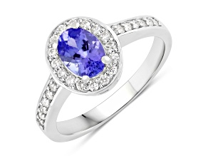 Violet Tanzanite and Lab Grown Diamond Sterling Silver Oval Halo Ring 1.03 Ct