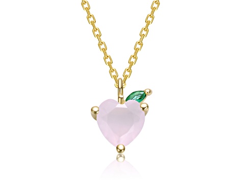 Pink Cubic Zirconia, 14K Gold Plated over Sterling Silver with Heart & Leaf Pendant Necklace