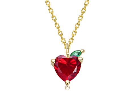 Red Cubic Zirconia, 14K Gold Plated over Sterling Silver with Heart & Leaf Pendant Necklace