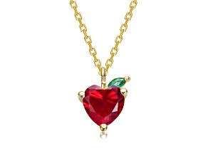 Red Cubic Zirconia, 14K Gold Plated over Sterling Silver with Heart & Leaf Pendant Necklace